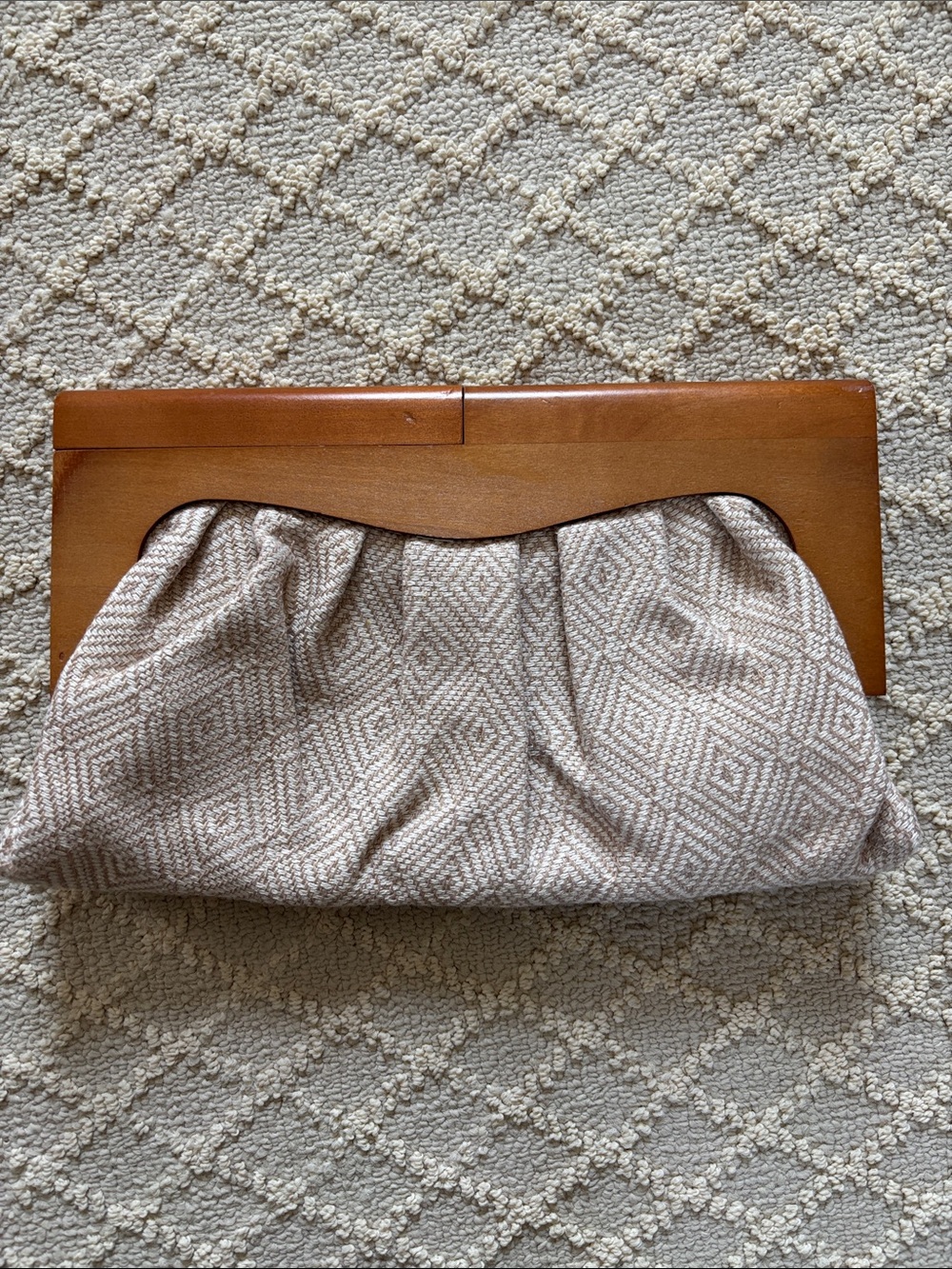 Beige Woven Fabric Clutch with Tan Wooden Frame